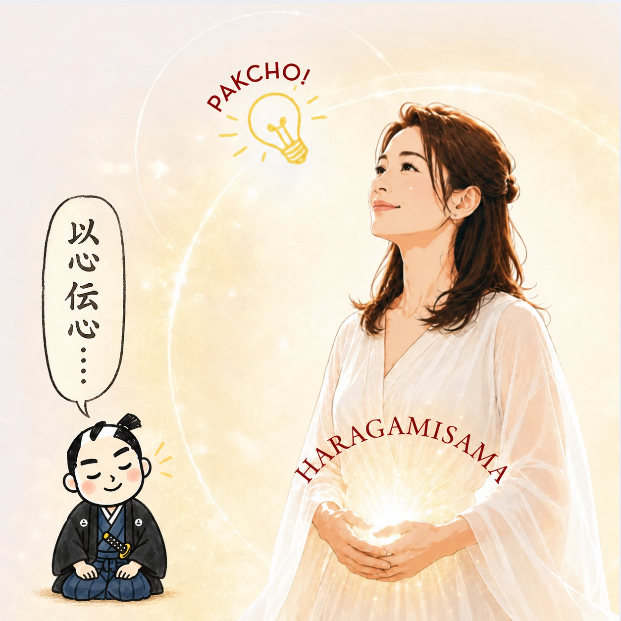 腹神さまとつながる女性と、目を閉じて正座し「以心伝心....」と語る小さな武士のイラスト